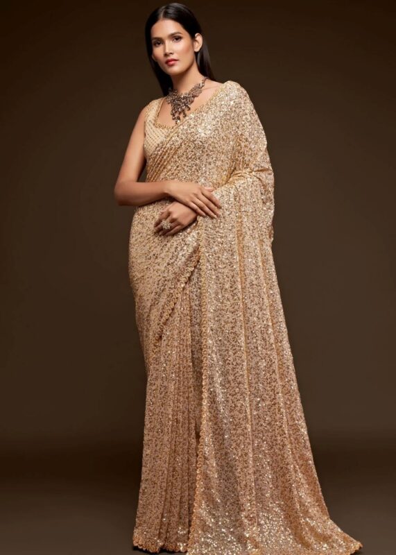 Beige Georgette Sequins Saree