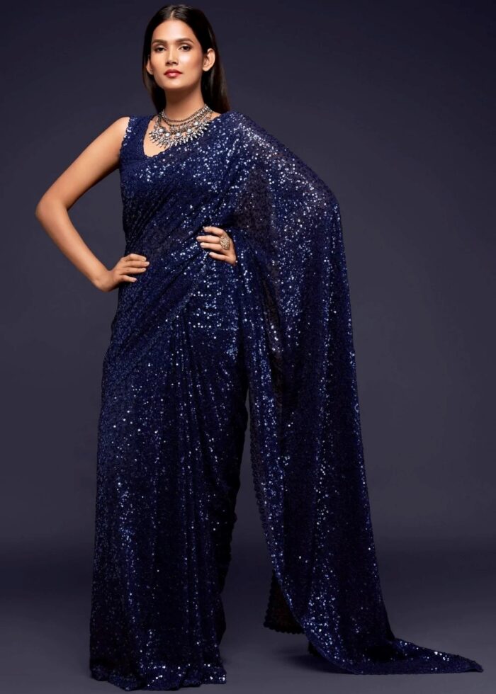 Midnight Blue Georgette Sequins Saree