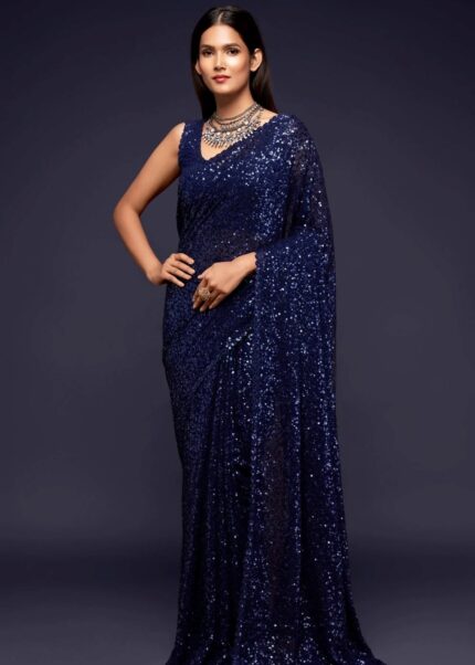 Midnight Blue Georgette Sequins Saree