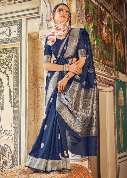 Navy Blue Satin Silk Saree