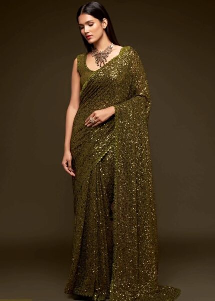 Olive Green Georgette Sequins Saree