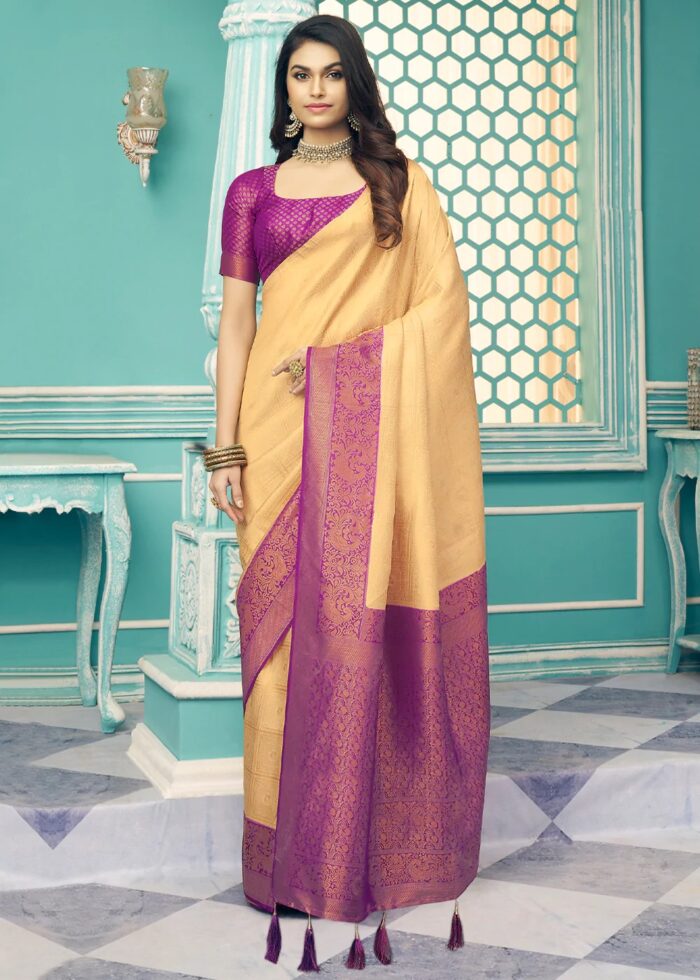 Yellow Purple Kanjivaram Saree