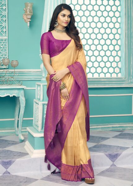 Yellow Purple Kanjivaram Saree