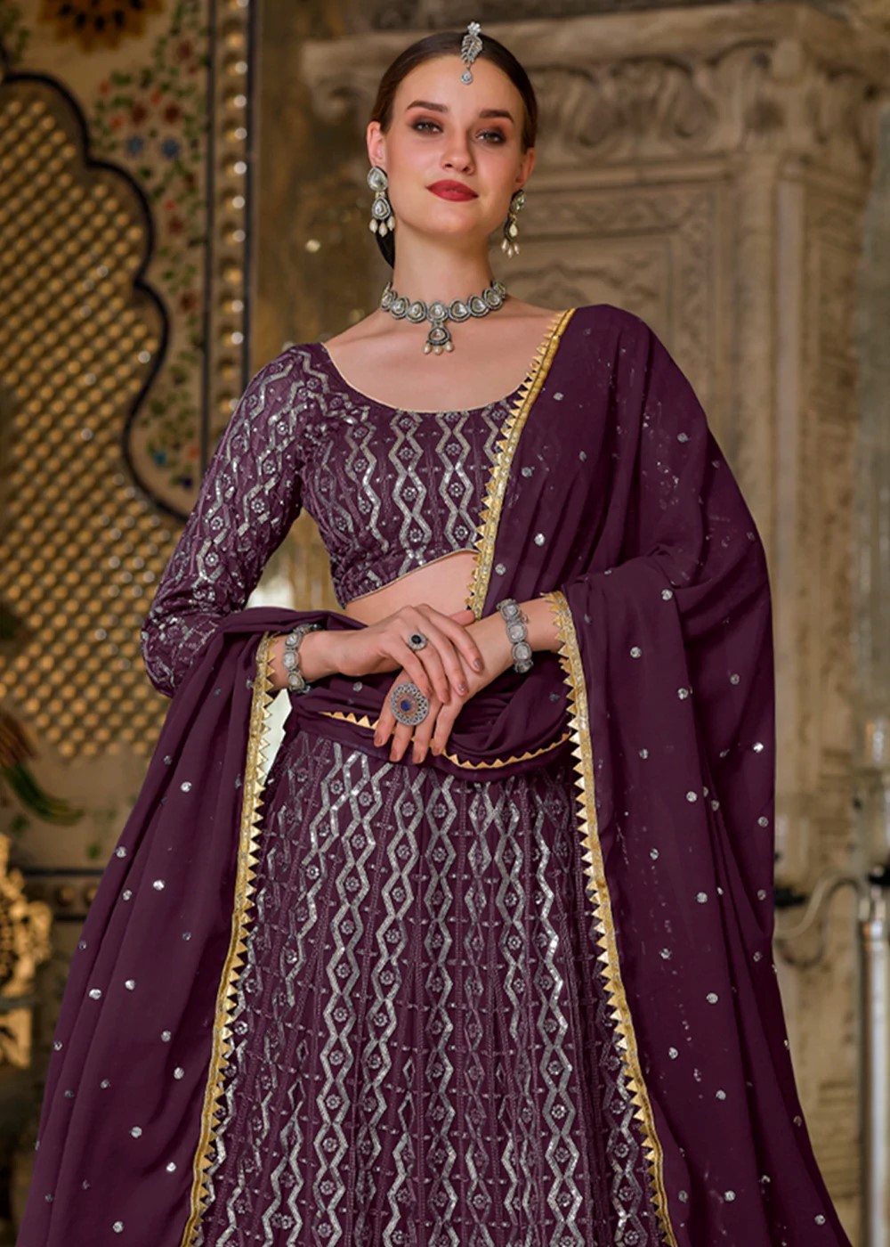 Purple Sequins Embroidery Lehenga