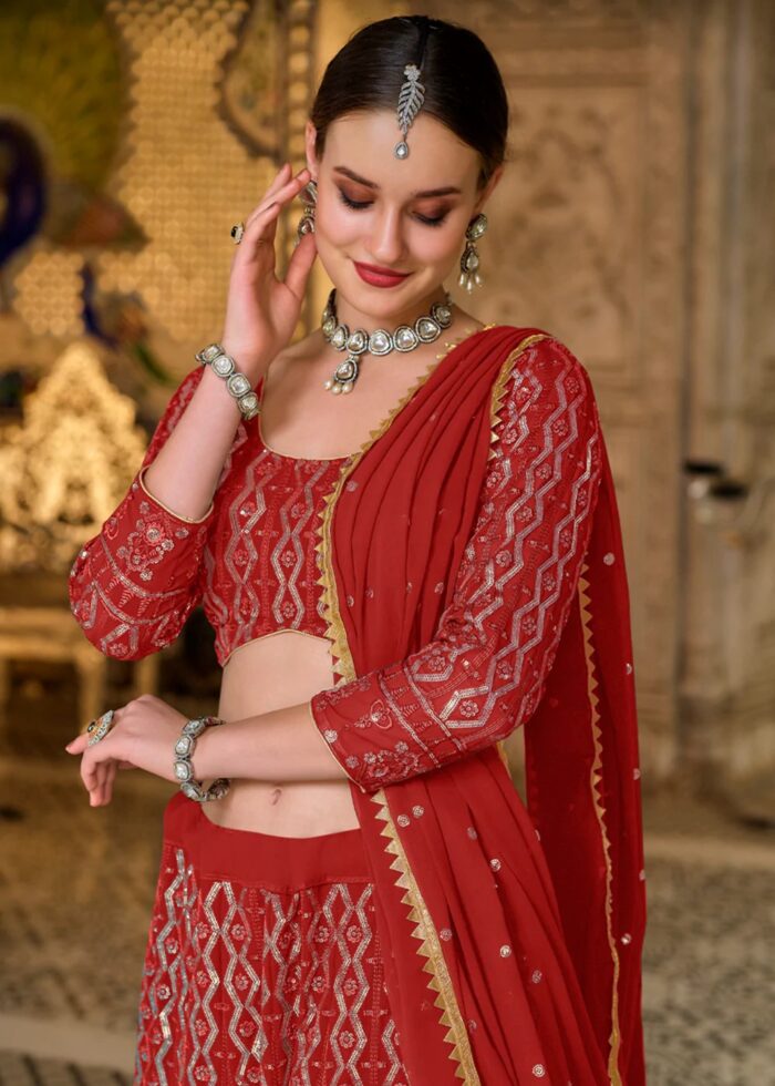 Red Sequins Embroidery Lehenga