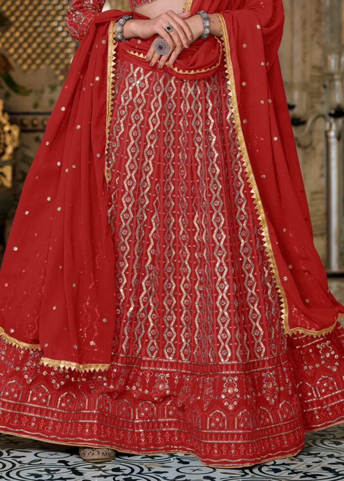 Red Sequins Embroidery Lehenga