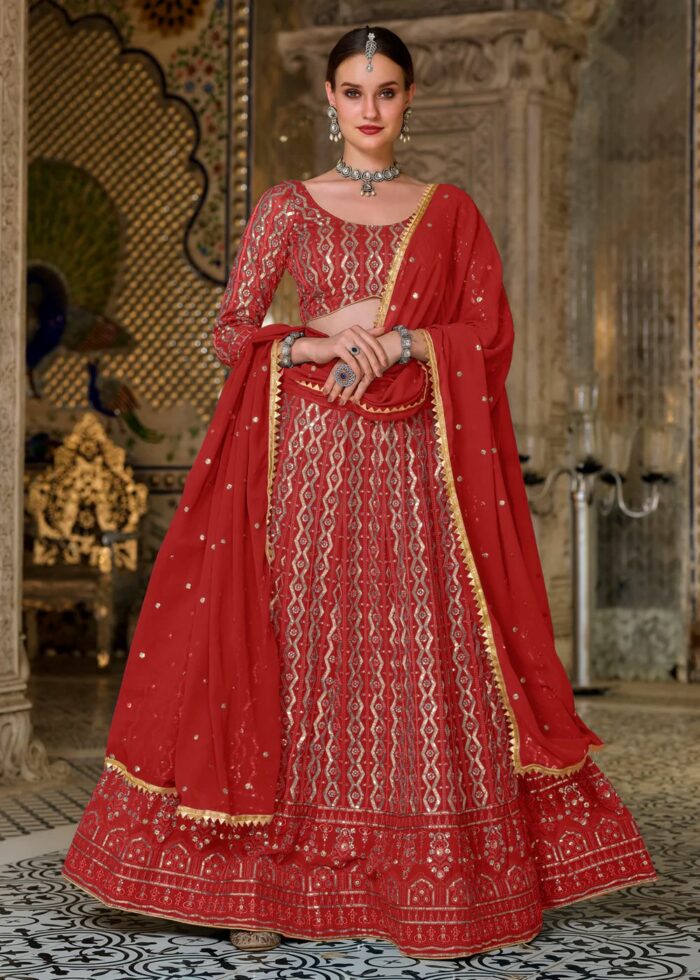 Red Sequins Embroidery Lehenga