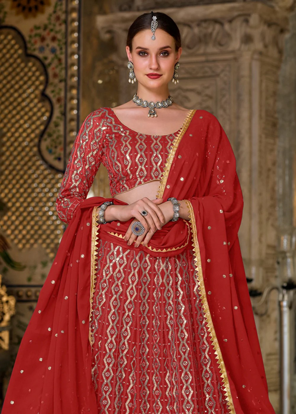 Red Sequins Embroidery Lehenga