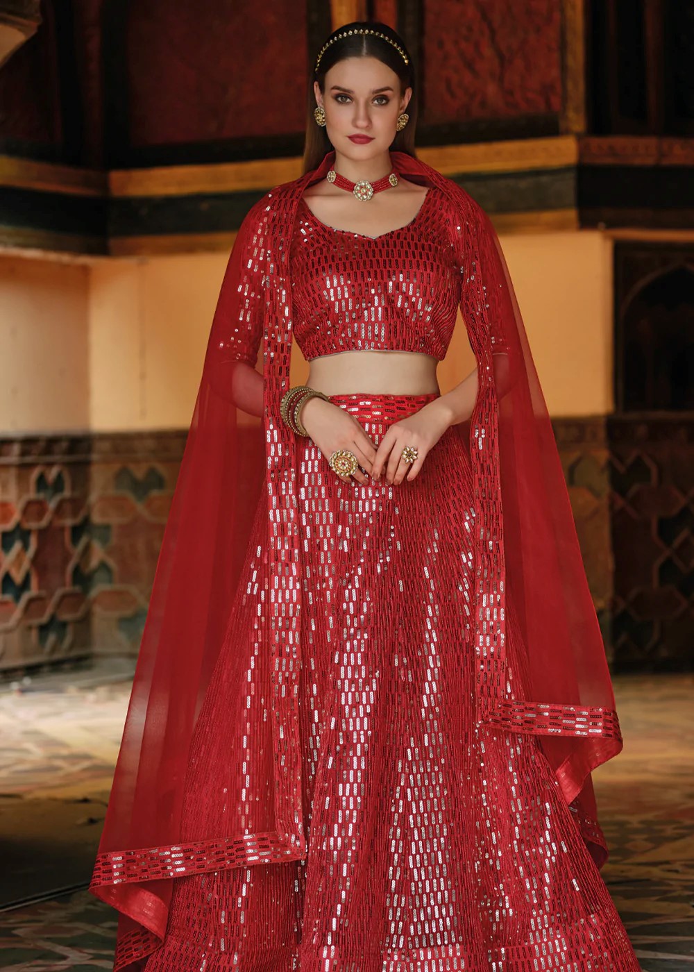 Red Sequins Lehenga Choli