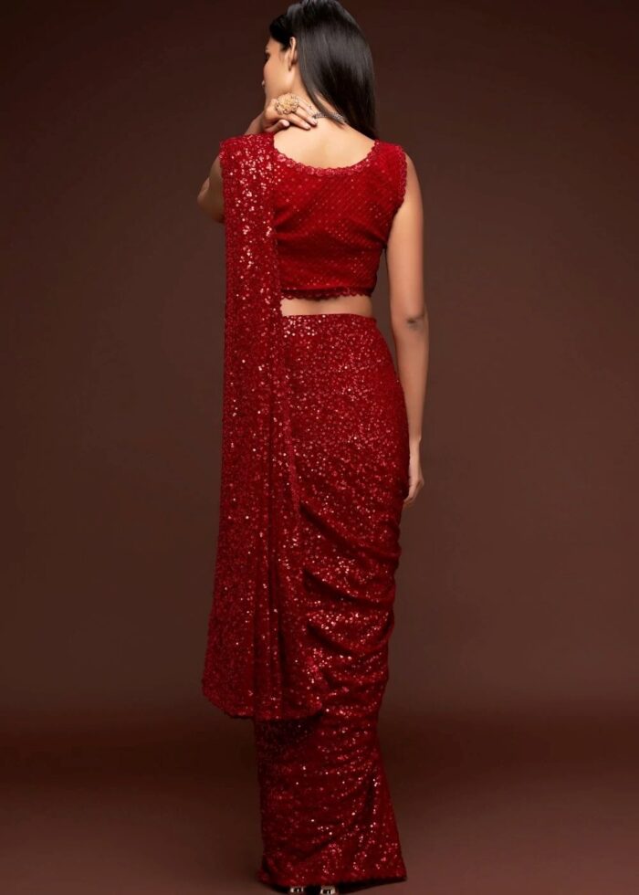 Ruby Red Georgette Sequins Saree