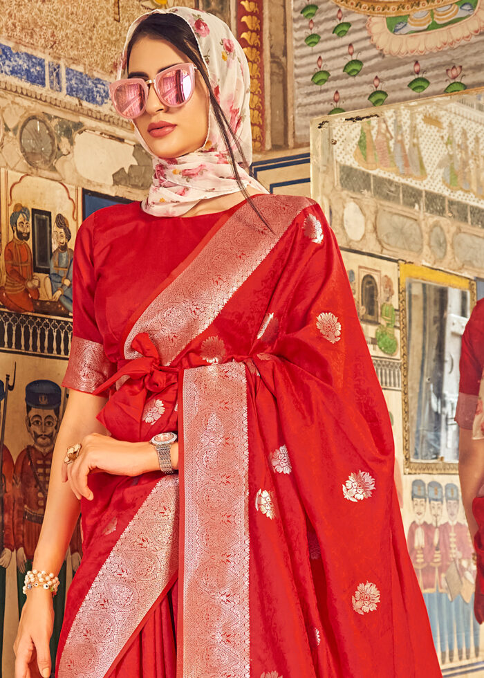 Scarlet Red Satin Silk Saree