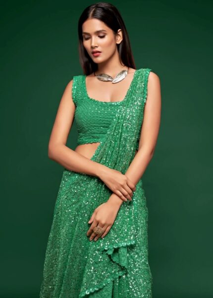 Sheen Green Georgette Sequins Saree