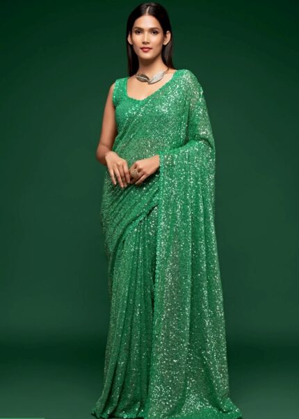 Sea Green Georgette Sequins Saree