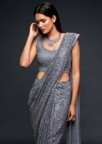 Silver Gray Georgette Sequins Saree