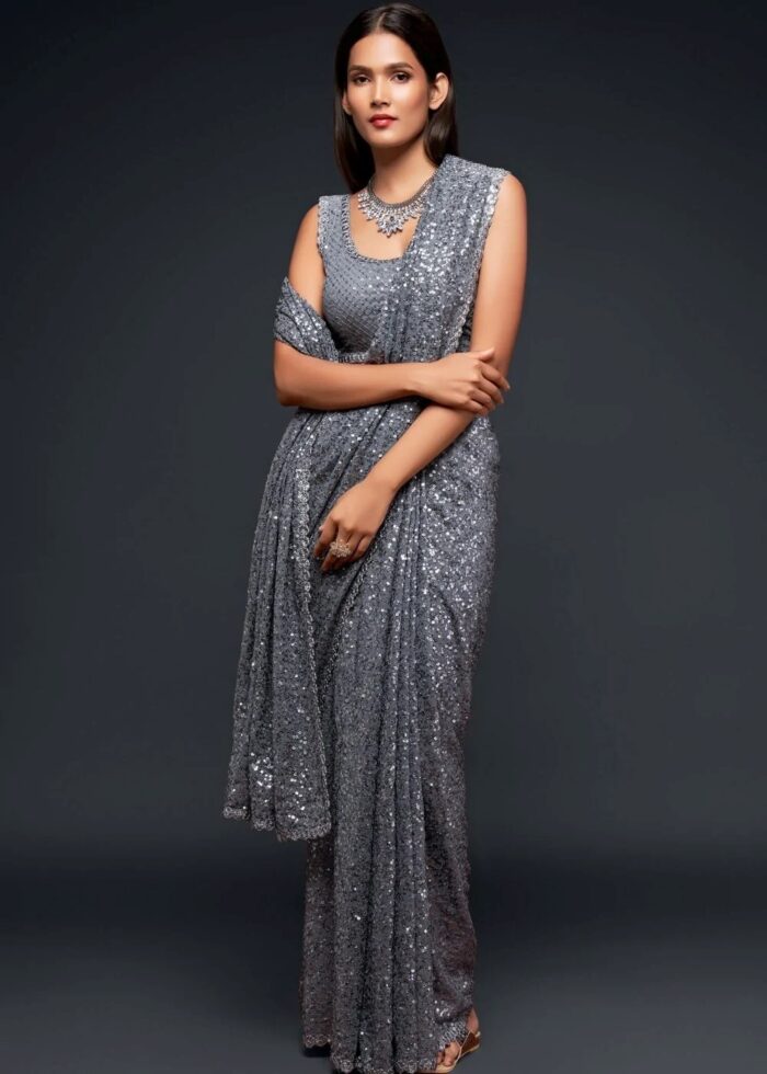 Silver Gray Georgette Sequins Saree