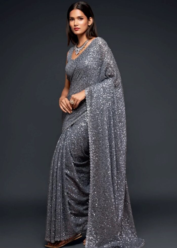 Silver Gray Georgette Sequins Saree