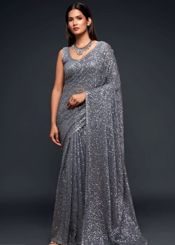 Silver Gray Georgette Sequins Saree