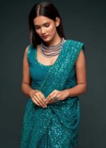 Teal Blue Georgette Sequins Saree