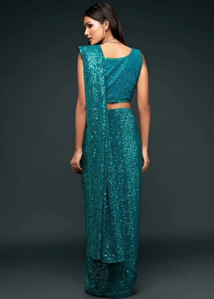 Teal Blue Georgette Sequins Saree