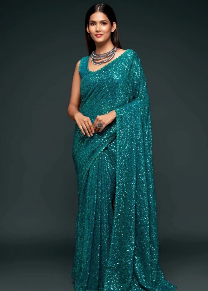 Teal Blue Georgette Sequins Saree