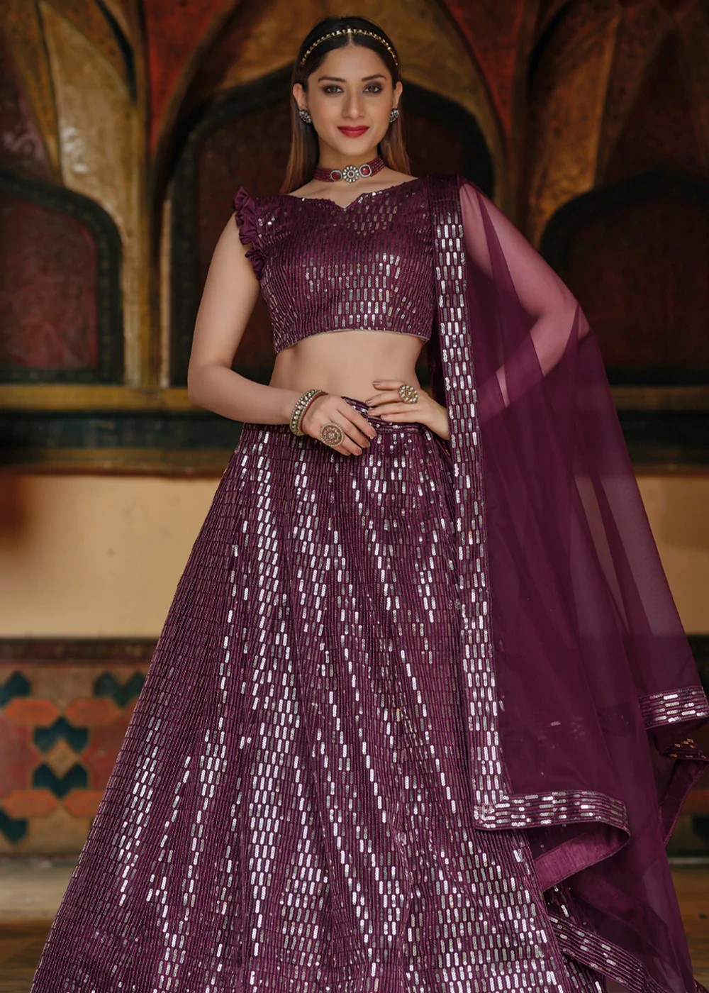 Wine Sequins Lehenga Choli