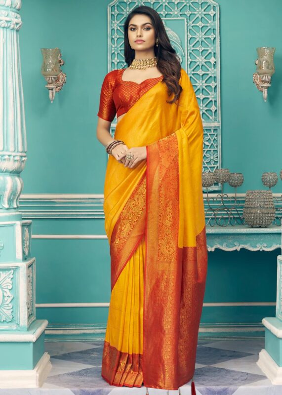 Yellow Red Kanjivaram Saree