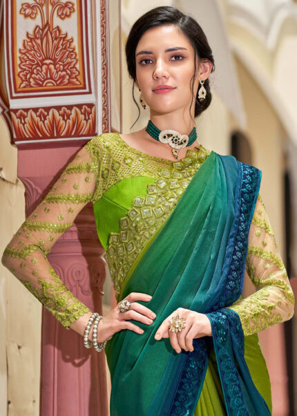 Blue & Green Embroidered Designer Saree