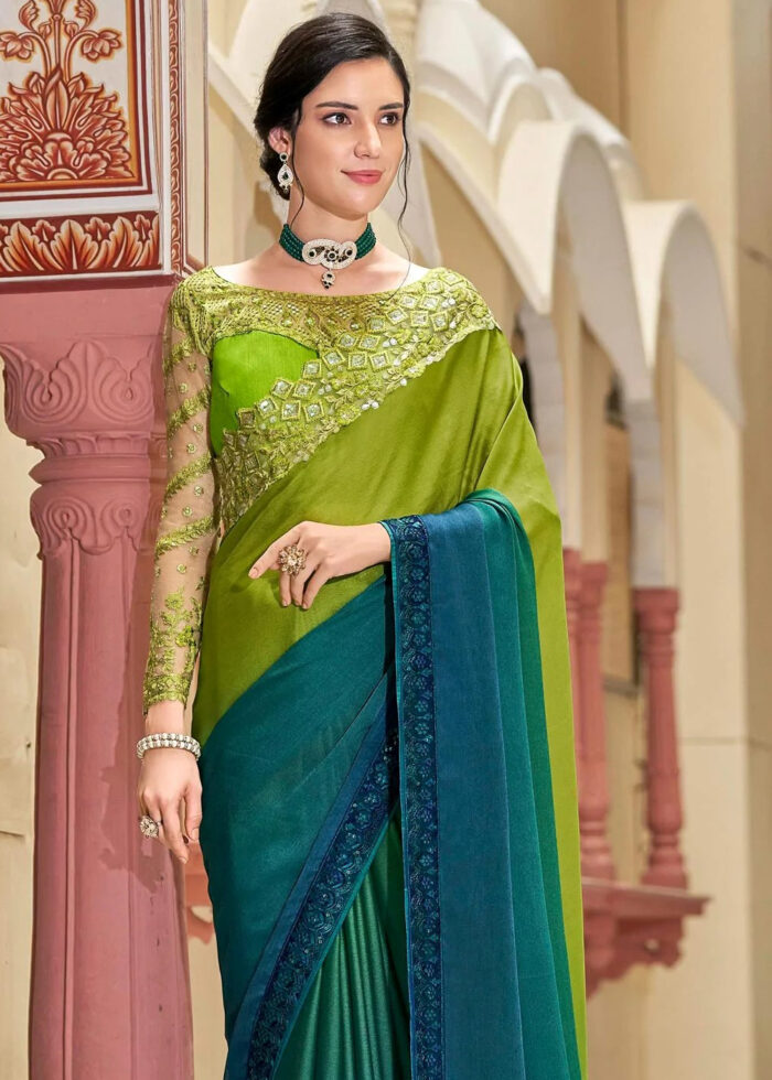 Blue & Green Embroidered Designer Saree