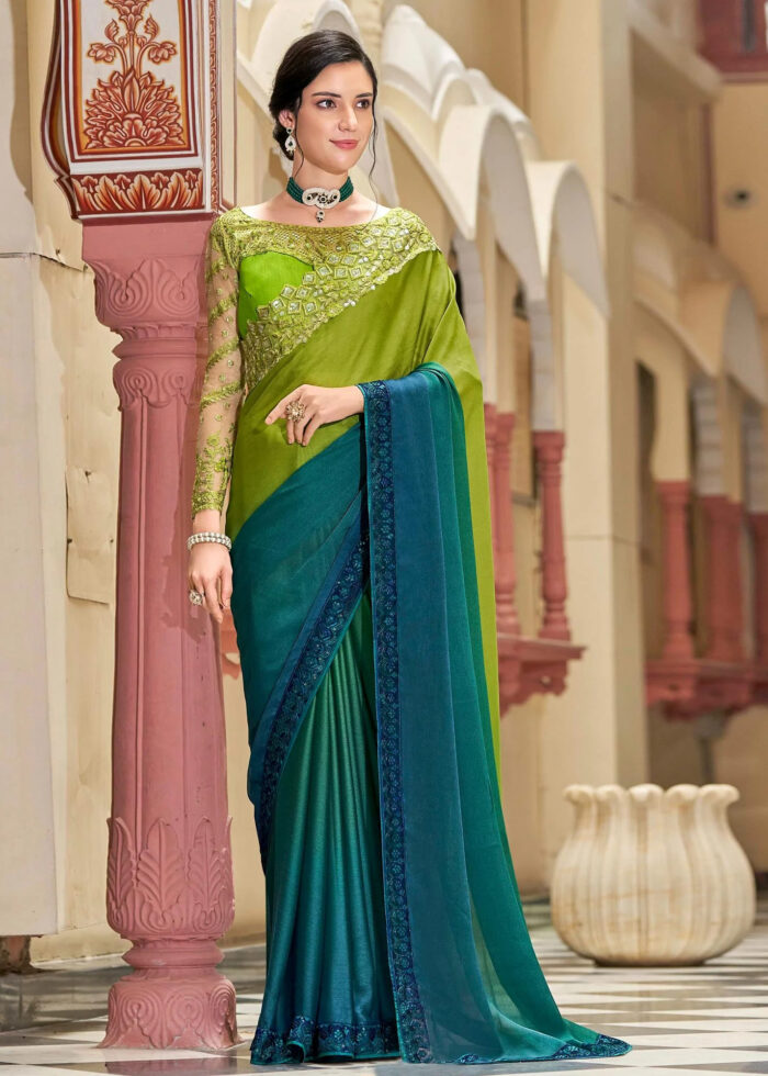 Blue & Green Embroidered Designer Saree