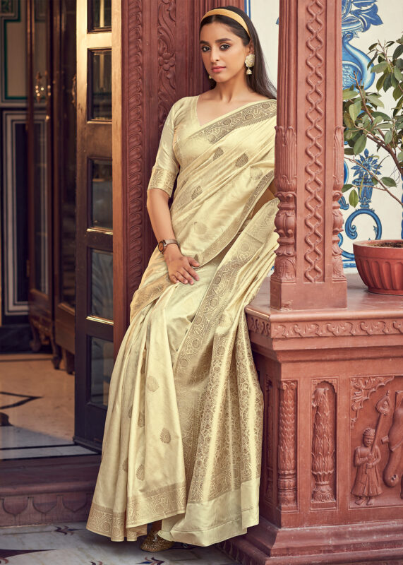 Blush Yellow Satin Silk Saree