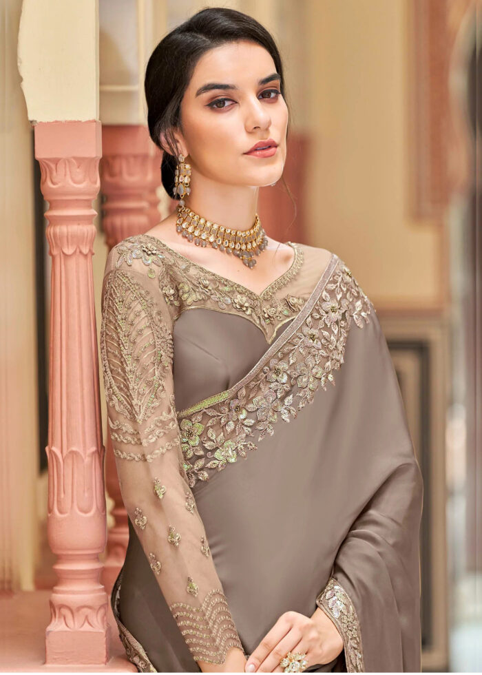 Brown Embroidered Designer Saree