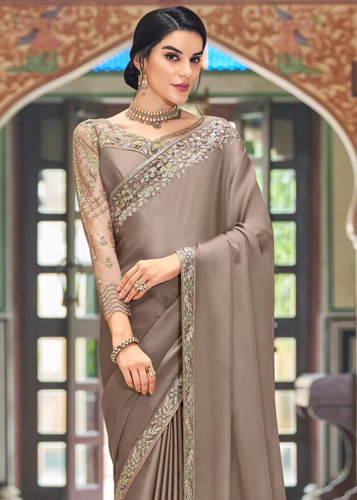 Brown Embroidered Designer Saree