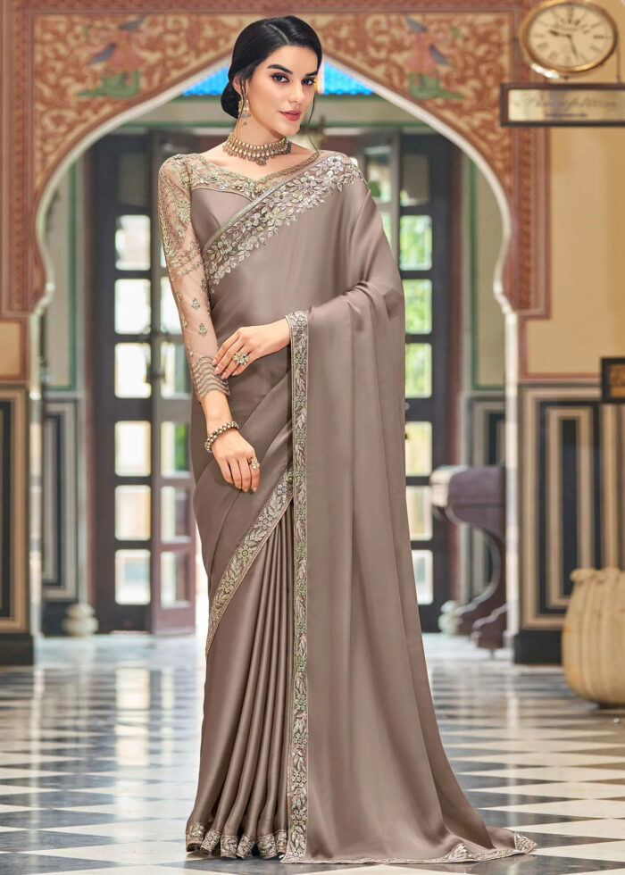 Brown Embroidered Designer Saree