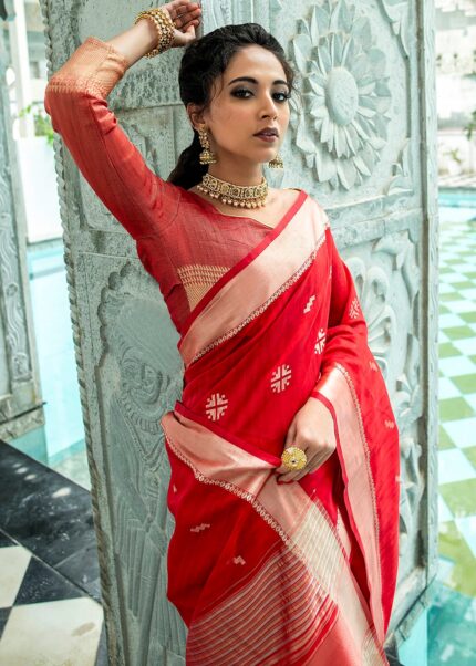 Crimson Red Tussar Silk Saree