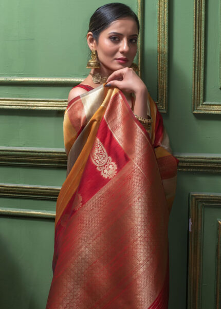 Flame Red Tussar Silk Saree