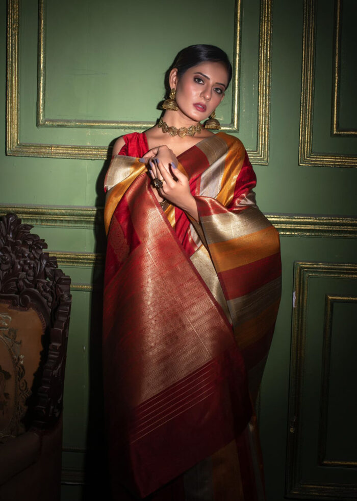 Flame Red Tussar Silk Saree