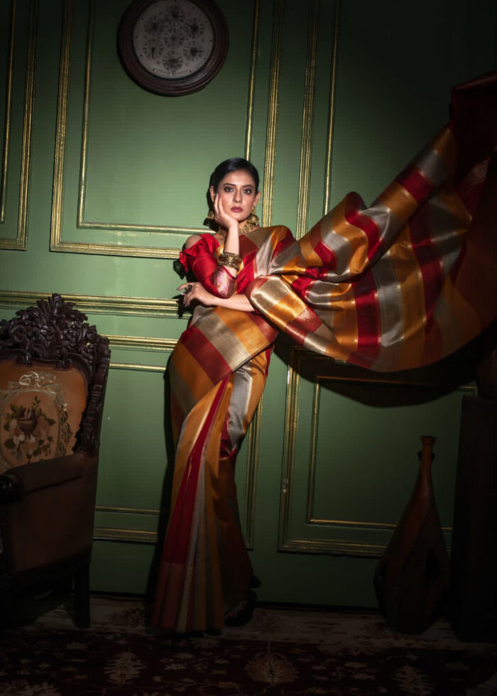 Flame Red Tussar Silk Saree