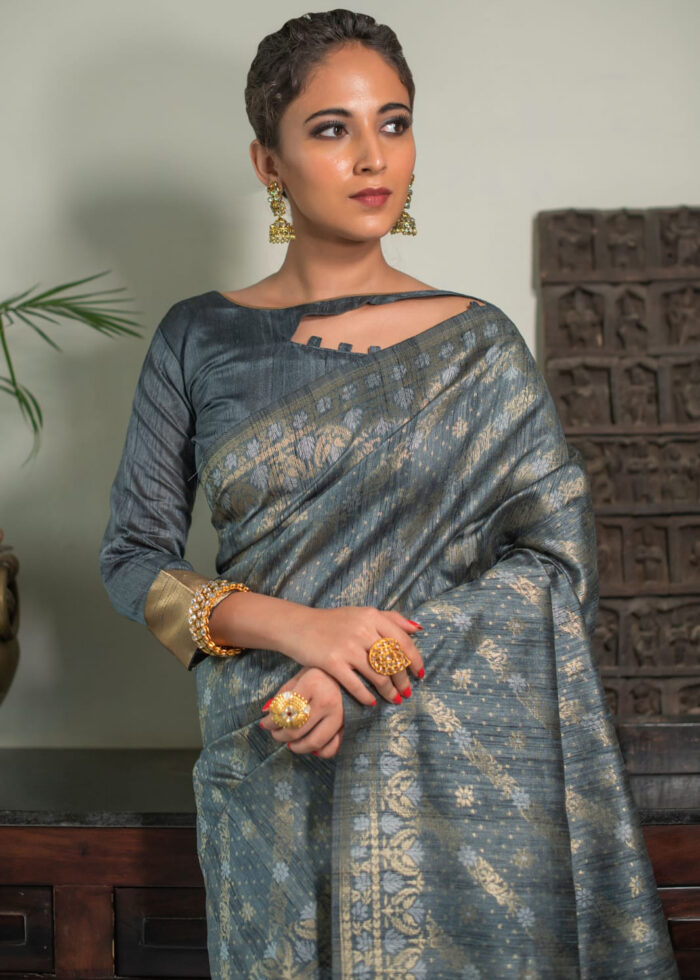 Gray Jamdani Silk Saree