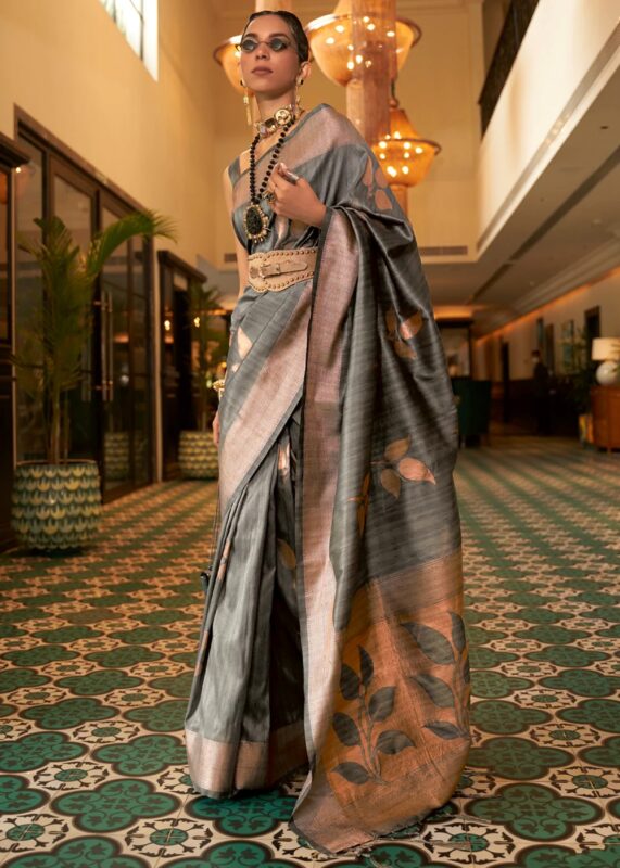 Gray Tussar Silk Saree