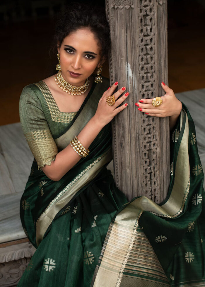 Jungle Green Tussar Silk Saree