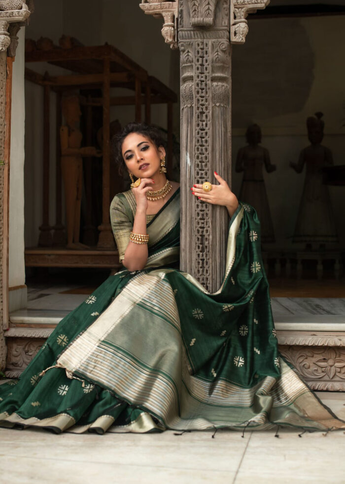 Jungle Green Tussar Silk Saree