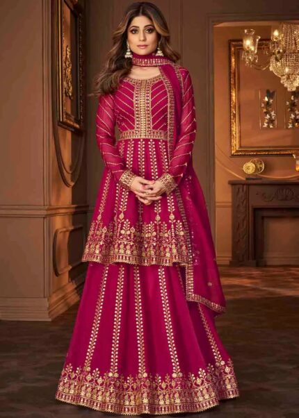 Magenta Embroidered Georgette Anarkali Lehenga Suit Urban Womania