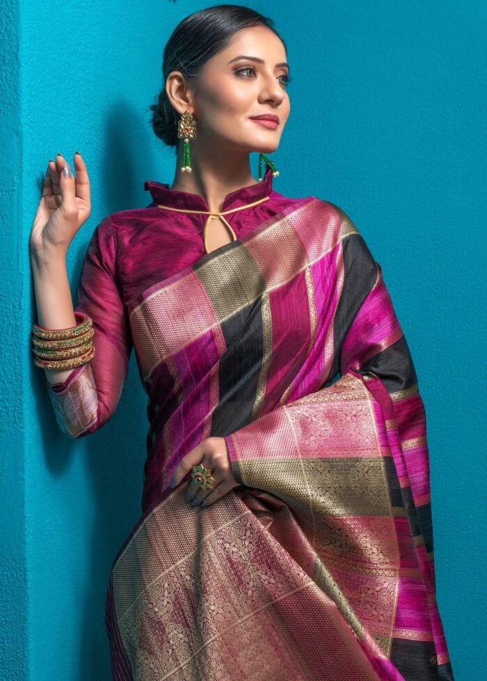 Magenta Pink Tussar Silk Saree