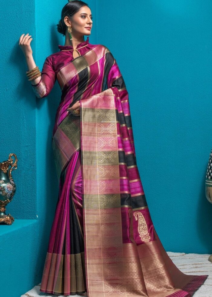 Magenta Pink Tussar Silk Saree