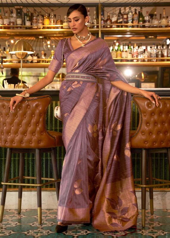 Mauve Taupe Tussar Silk Saree