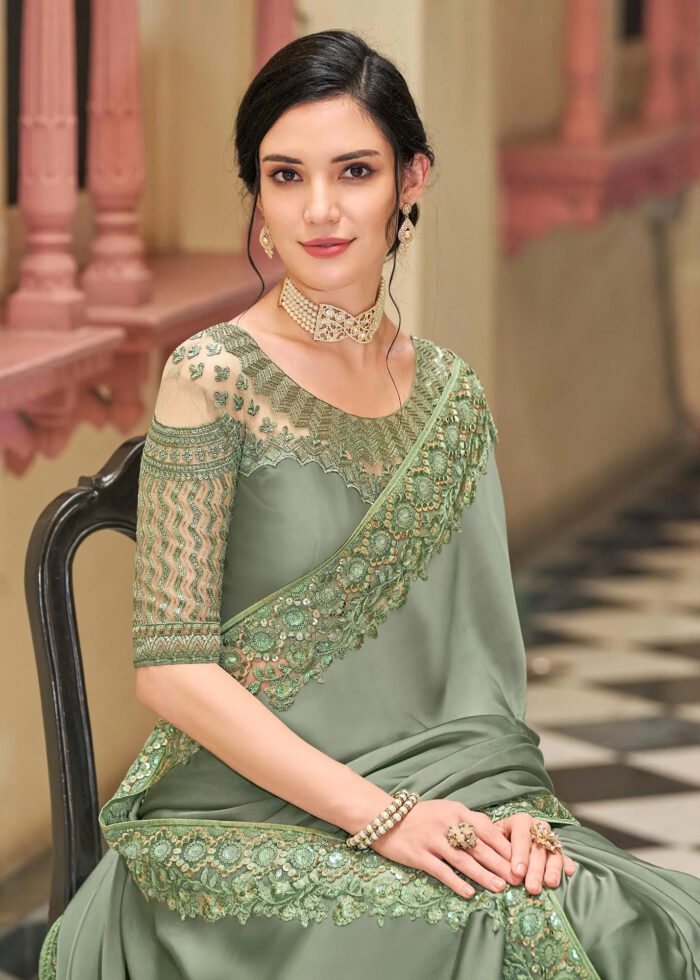 Olive Green Embroidered Designer Saree