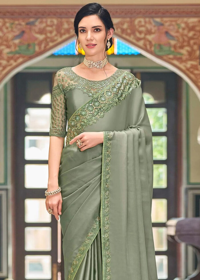 Olive Green Embroidered Designer Saree