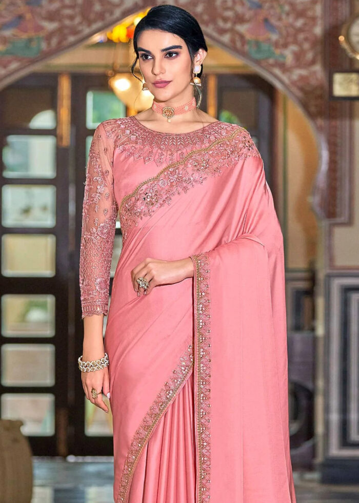 Pink Embroidered Designer Saree