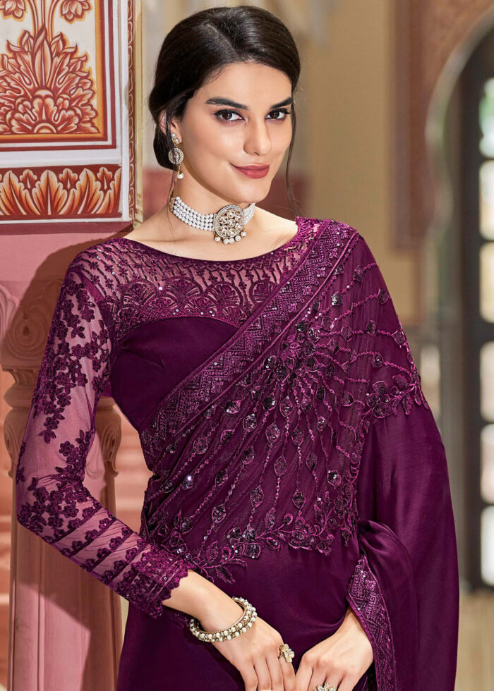 Purple Embroidered Designer Saree