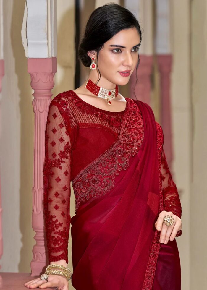 Red Embroidered Designer Saree